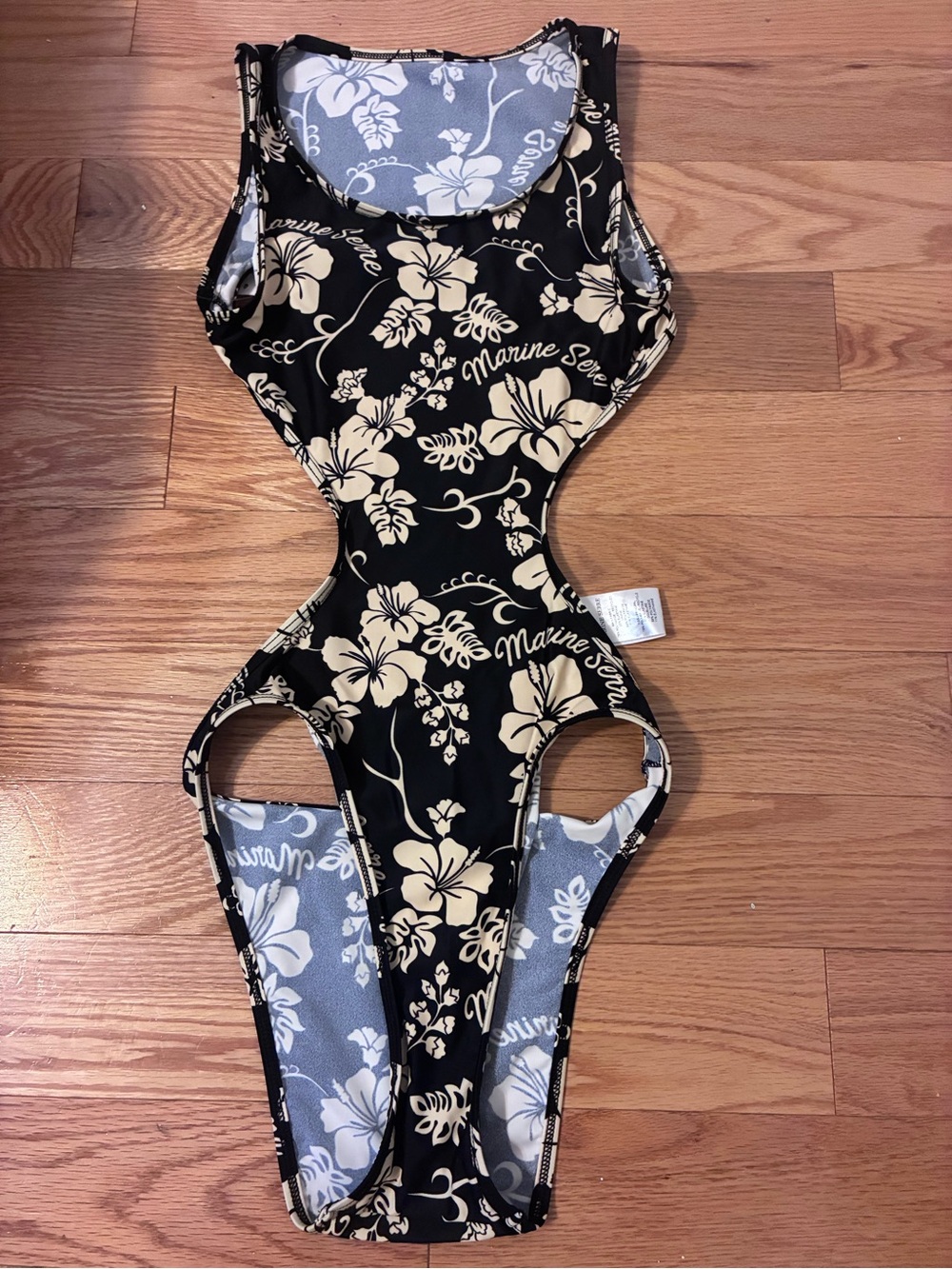 Marine Serre Black and Cream Floral Cutout One-Piece Swimsuit